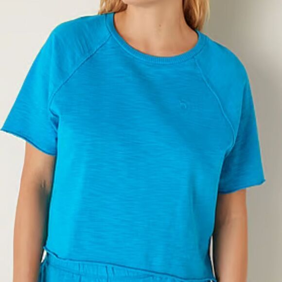PINK Victoria's Secret medium crop oversized short sleeve shirt blue - Picture 1 of 4